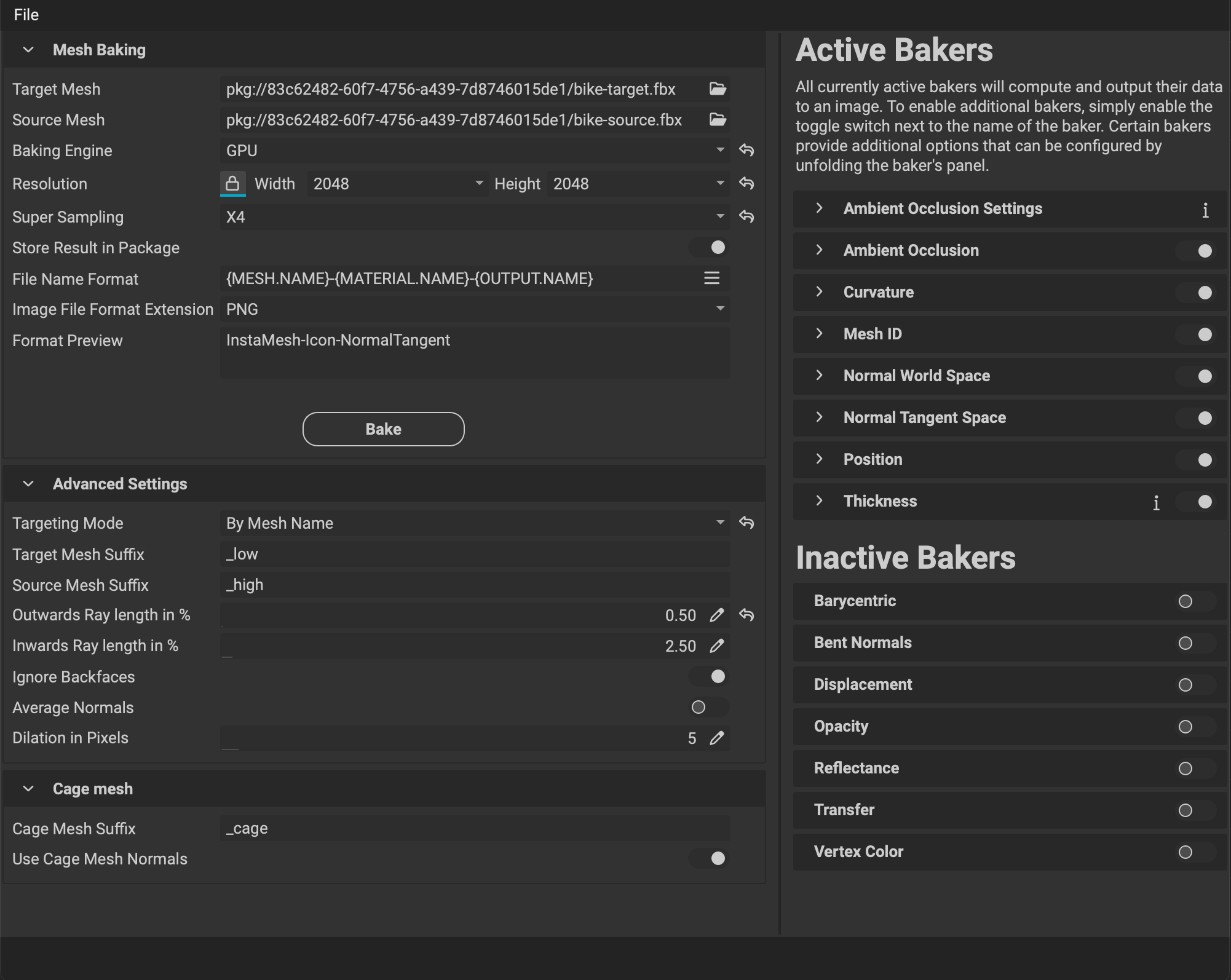 Mesh Baking Panel UI